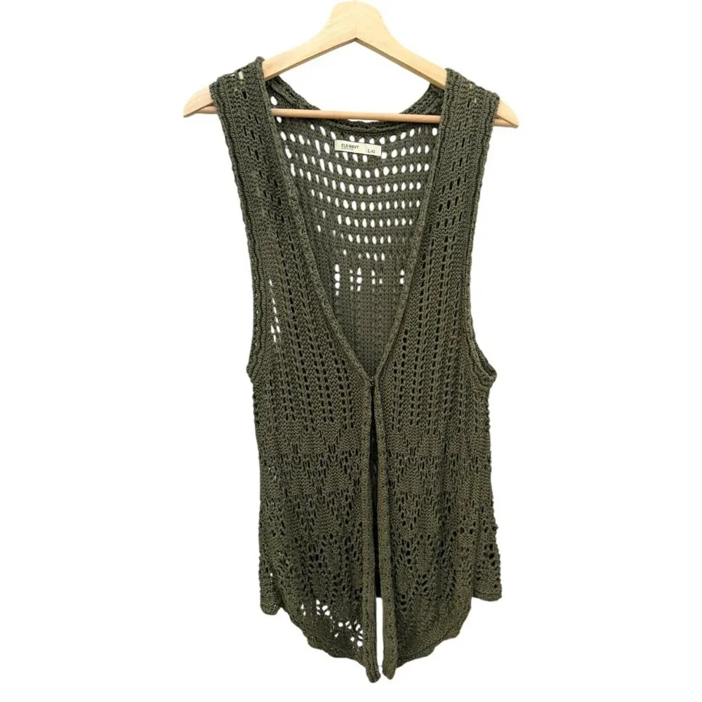 Old Navy Open Knit Vest Sweater Green L Boho Fairy Grunge‎ Festival Crochet